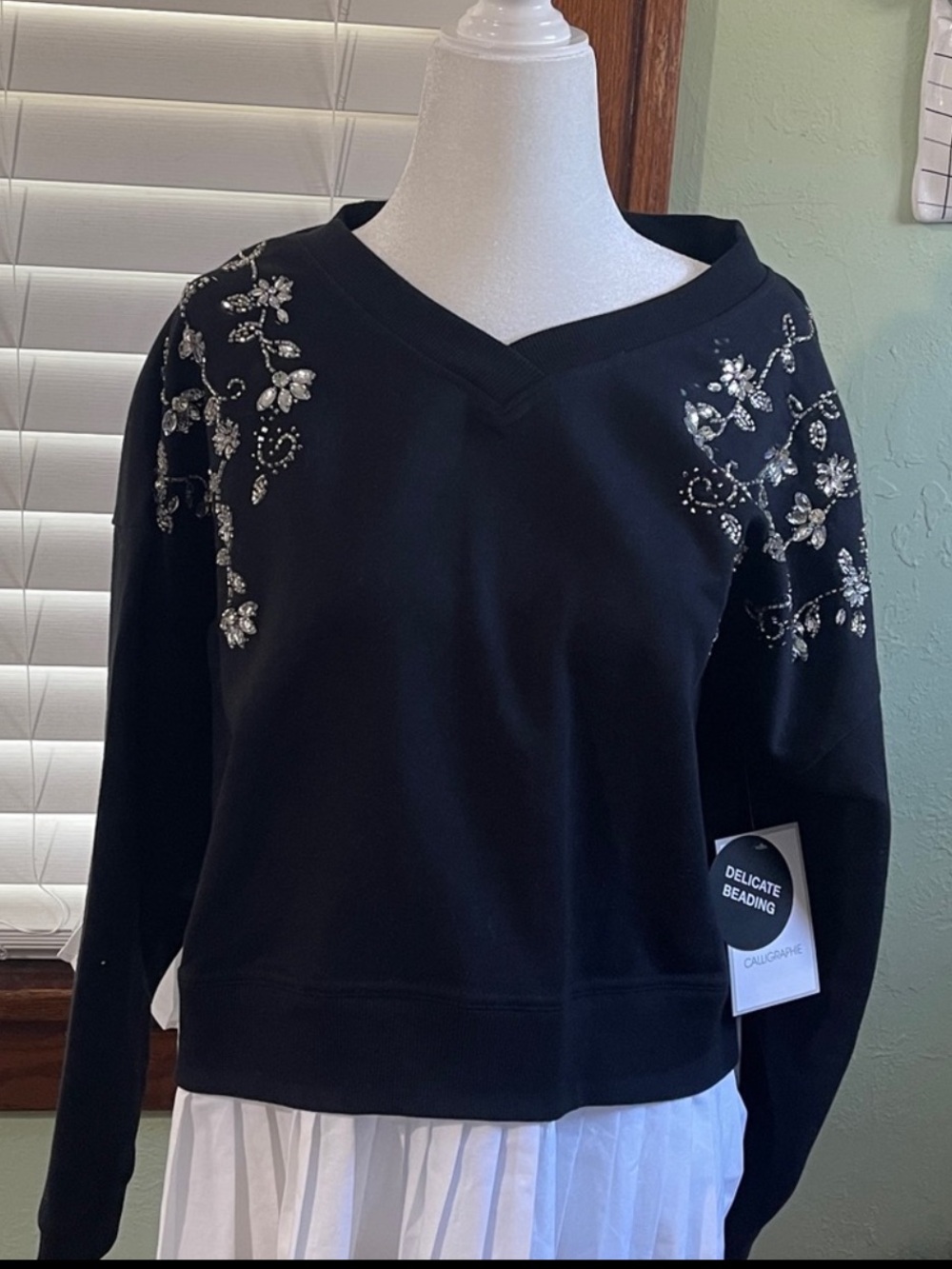 Embroidered Black Blouse with White Accents